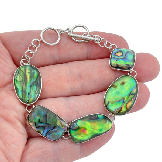Vintage Sterling Silver 925 Abalone Link Bracelet 7”-7.75”