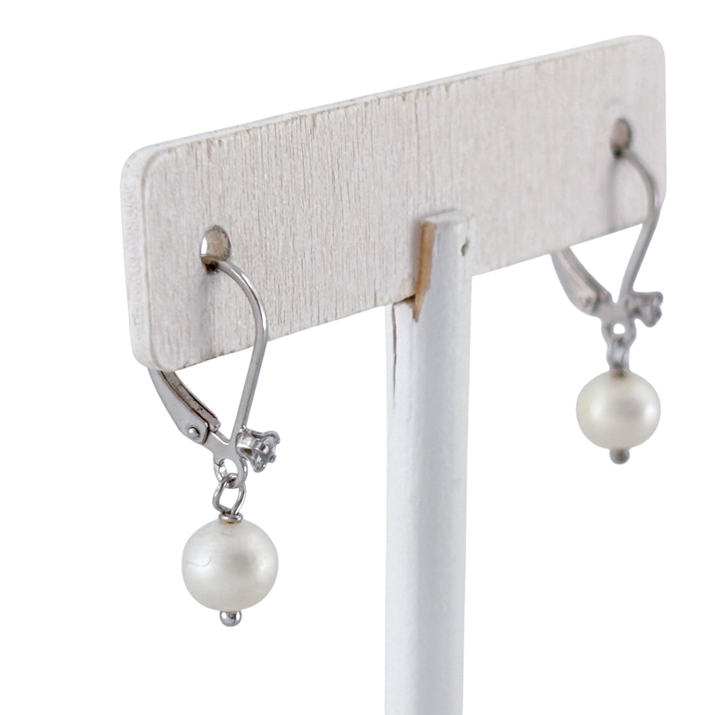 Vintage Sterling Silver 925 Pearl Diamond 0.06ctw Leverback Earrings