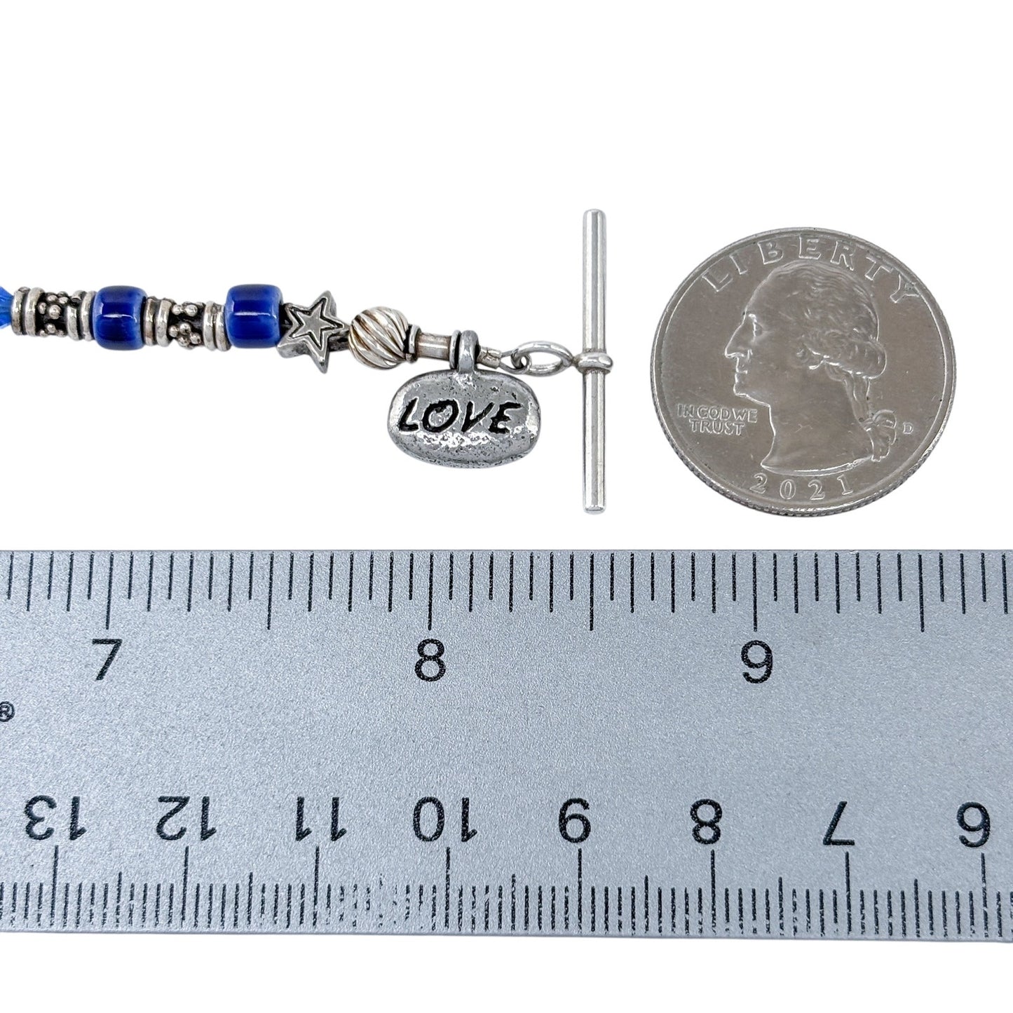 Vintage Sterling Silver 925 Blue Crystal Love Charm Bracelet 8.5"