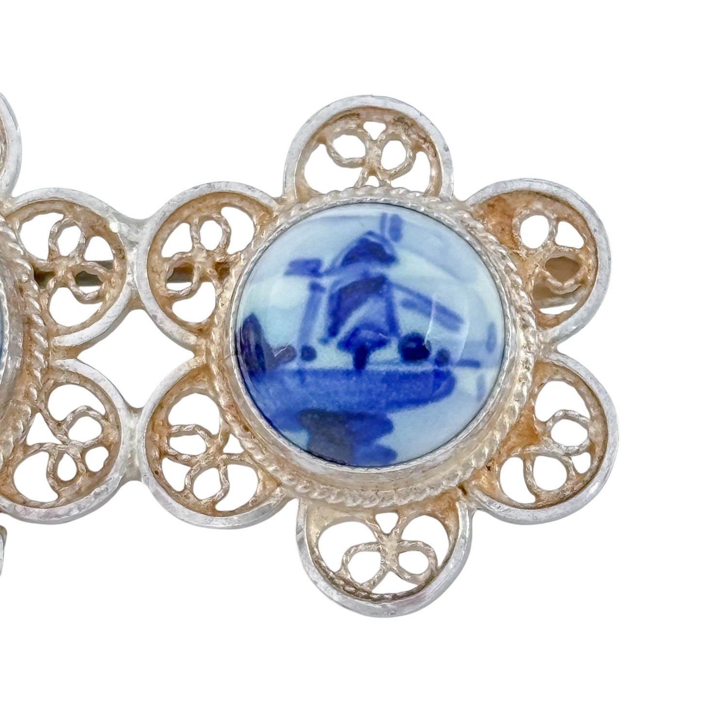 Vintage Sterling Silver 925 Delft 3 Panel Brooch