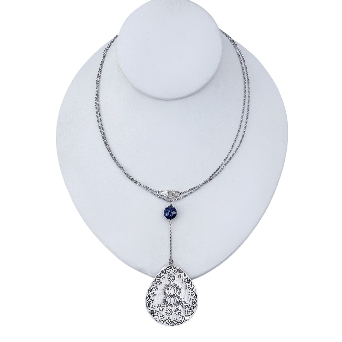Vintage Sterling Silver 925 Lapis Lazuli Lotus Pendant Necklace 34"