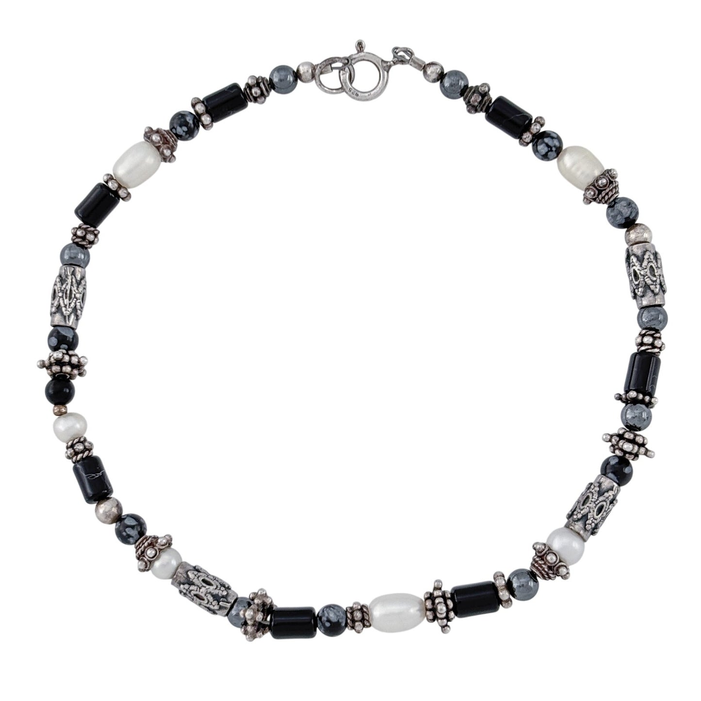 Vintage Sterling Silver 925 Snowflake Obsidian Pearl Anklet 10"