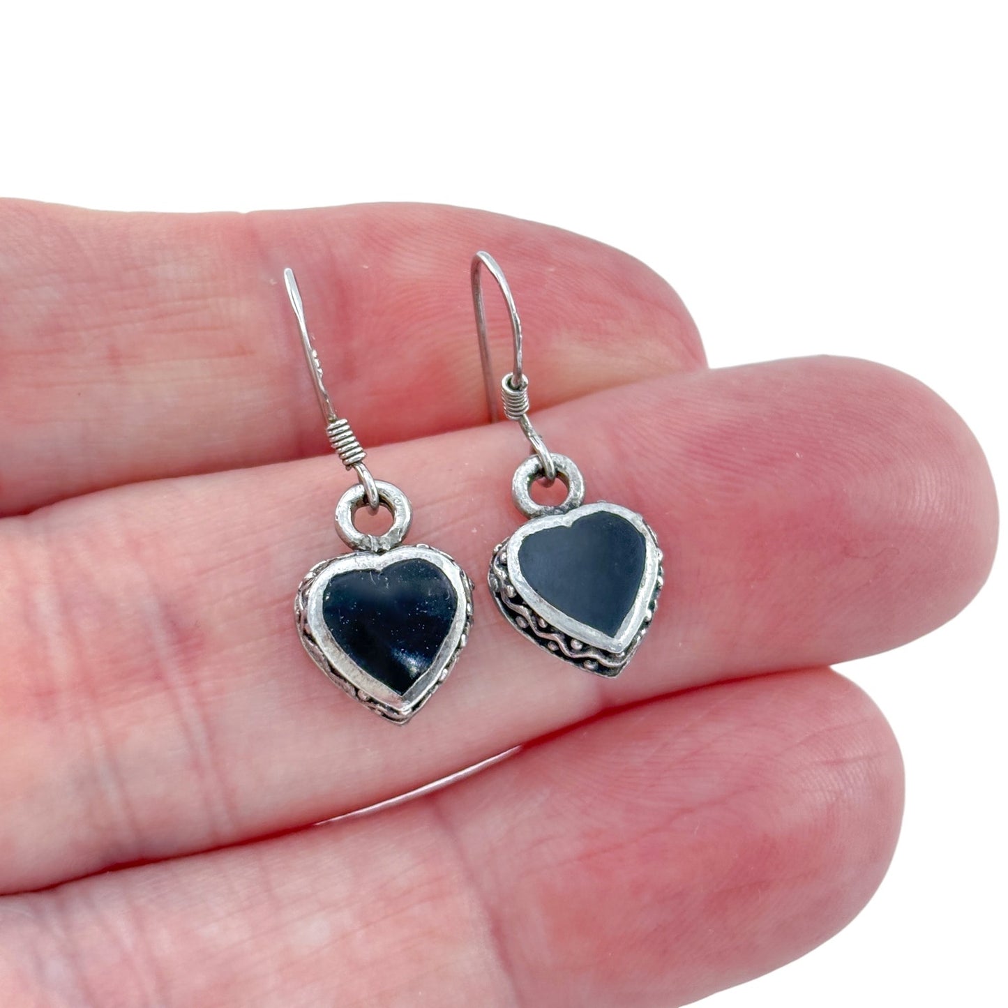 Vintage Sterling Silver 925 Black Onyx Heart Dangle Earrings
