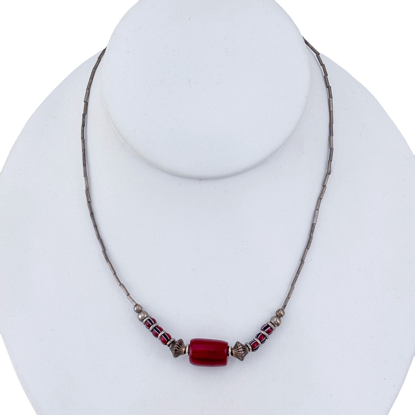 Vintage Sterling Silver 925 Liquid Silver Red Glass Necklace 15"