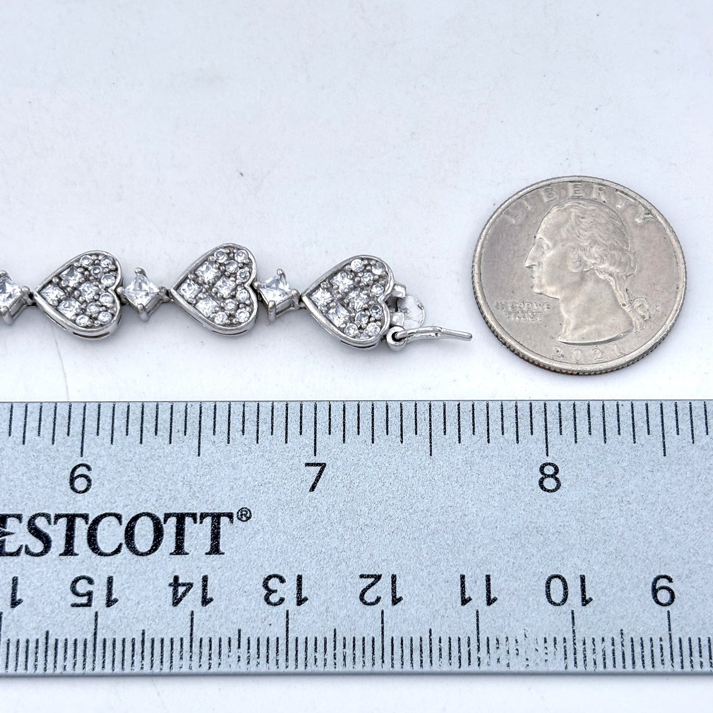 Vintage Sterling Silver 925 Cubic Zirconia Heart Bracelet 7.25"