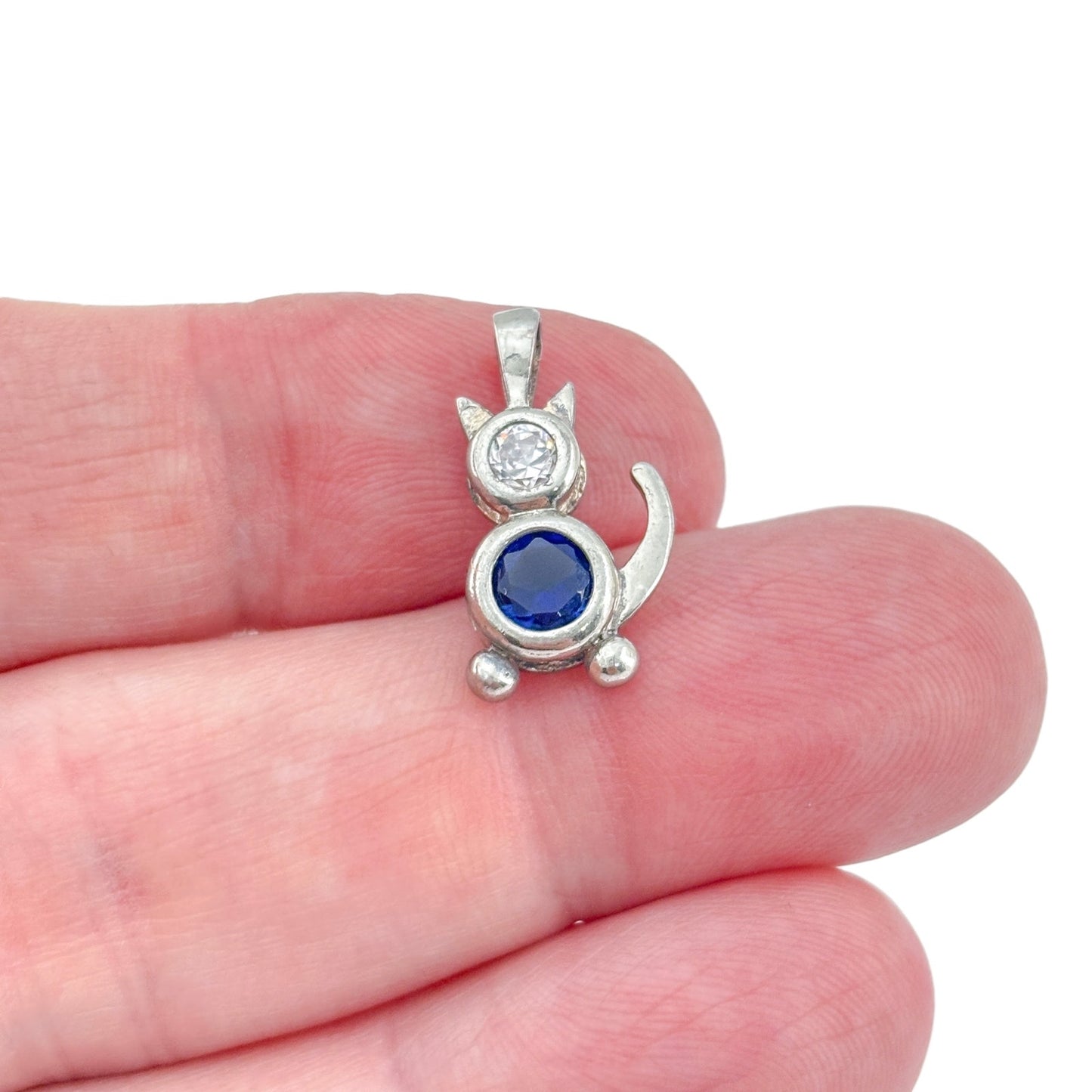 Vintage Sterling Silver 925 Blue Cubic Zirconia Cat Charm