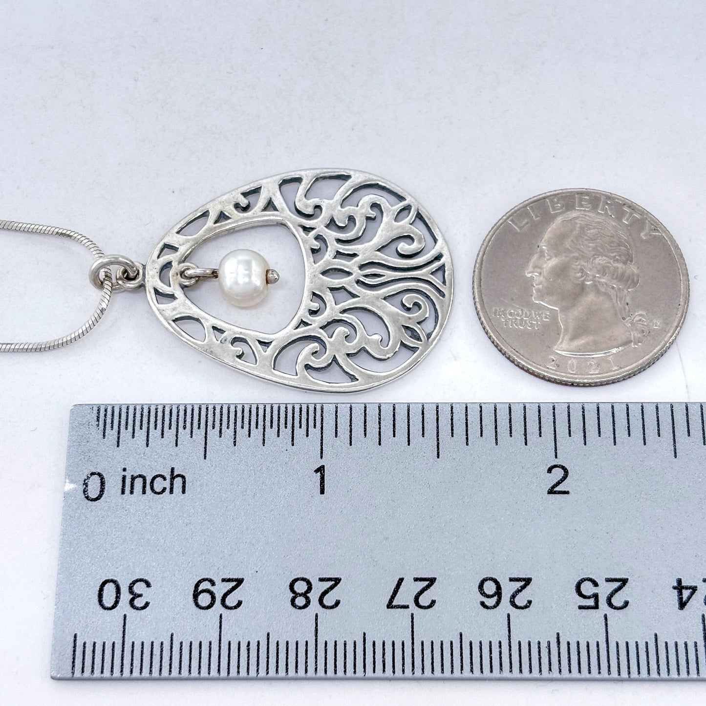 Vintage Sterling Silver 925 Ornate Filigree Pearl Pendant 17"