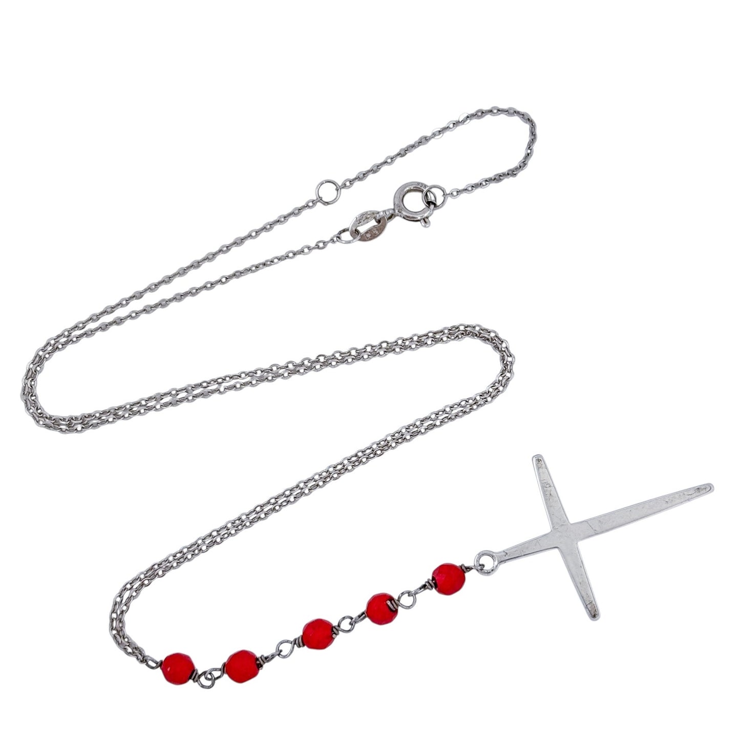 Vintage Sterling Silver 925 Red Glass Bead Y Necklace 16"-18"