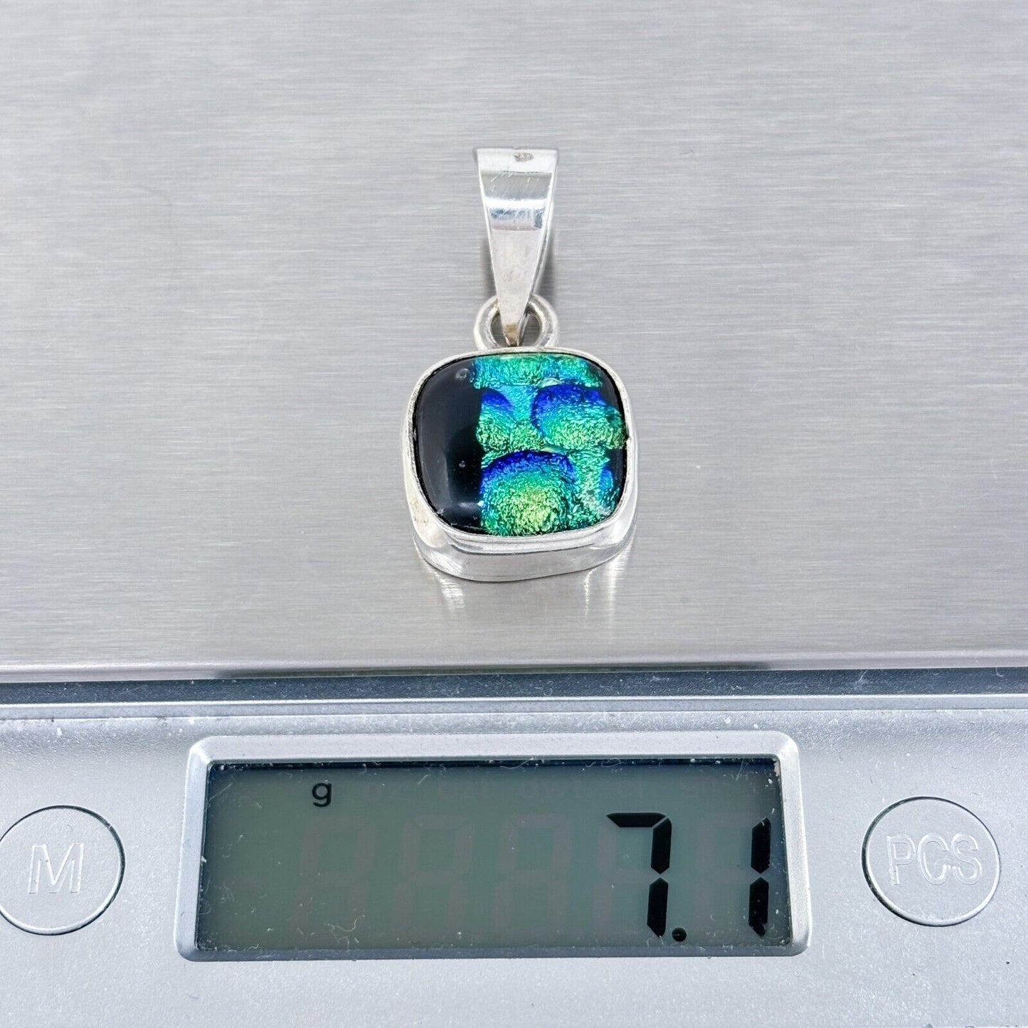 Vintage Artisan Sterling Silver 925 Blue Green Dichroic Glass Pendant