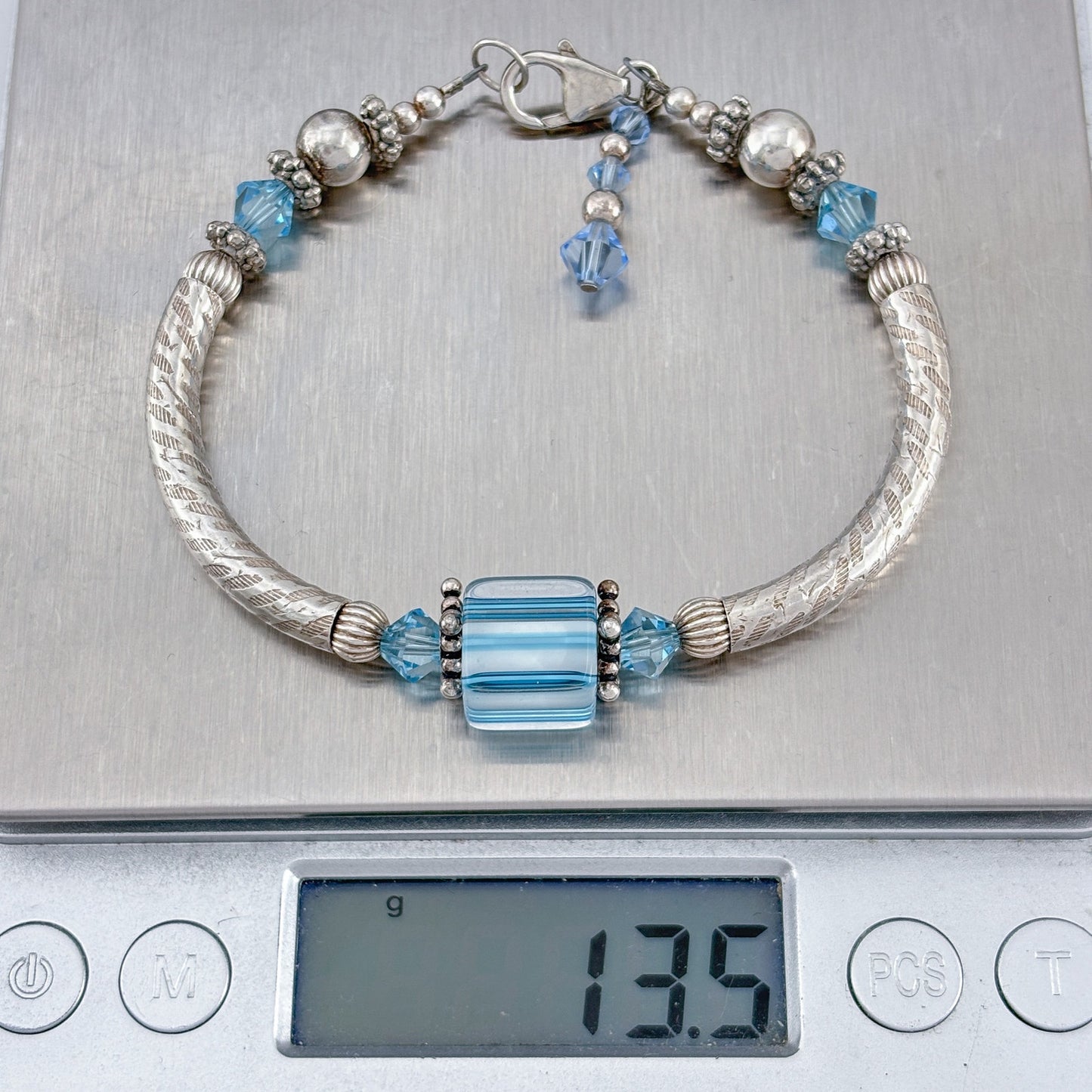 Vintage Sterling Silver 925 Blue Striped Glass Bead Bracelet 7"