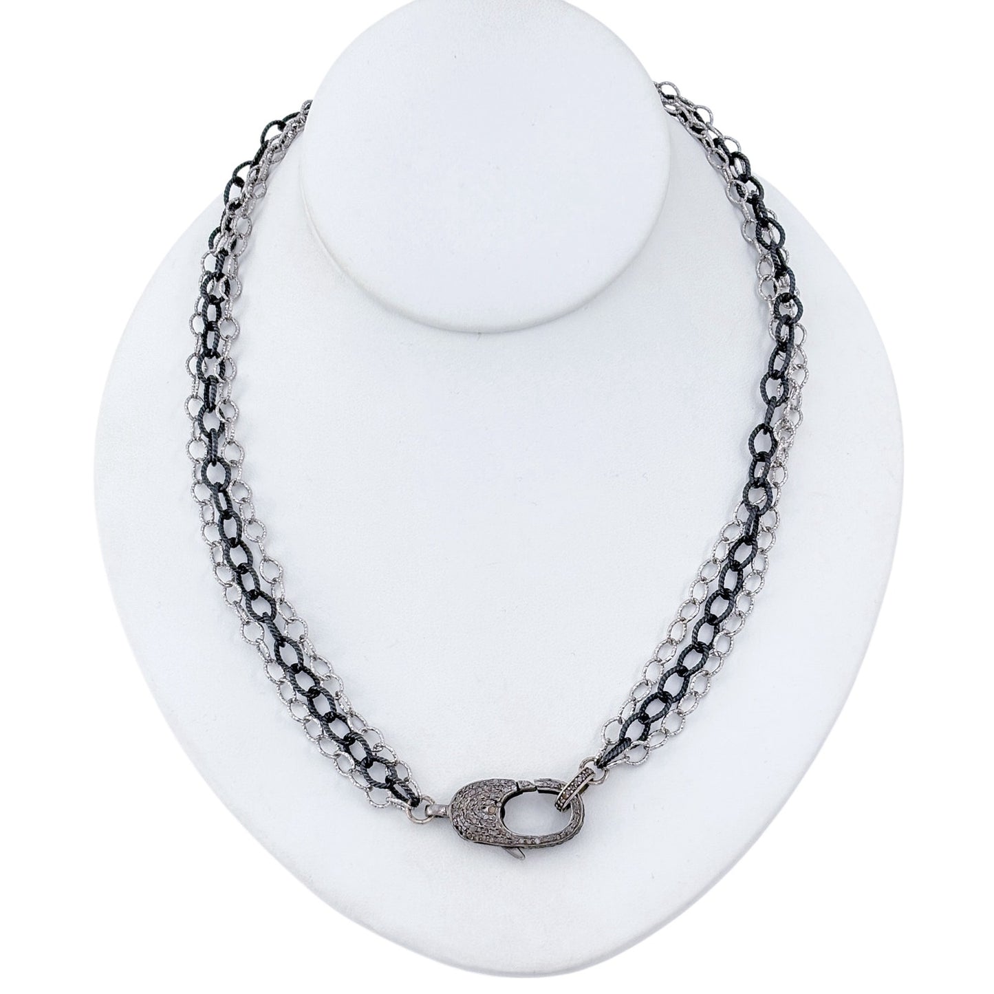Vintage Sterling Silver 925 Pave Diamond Lock Multi Chain Necklace 18.5"-21.5"