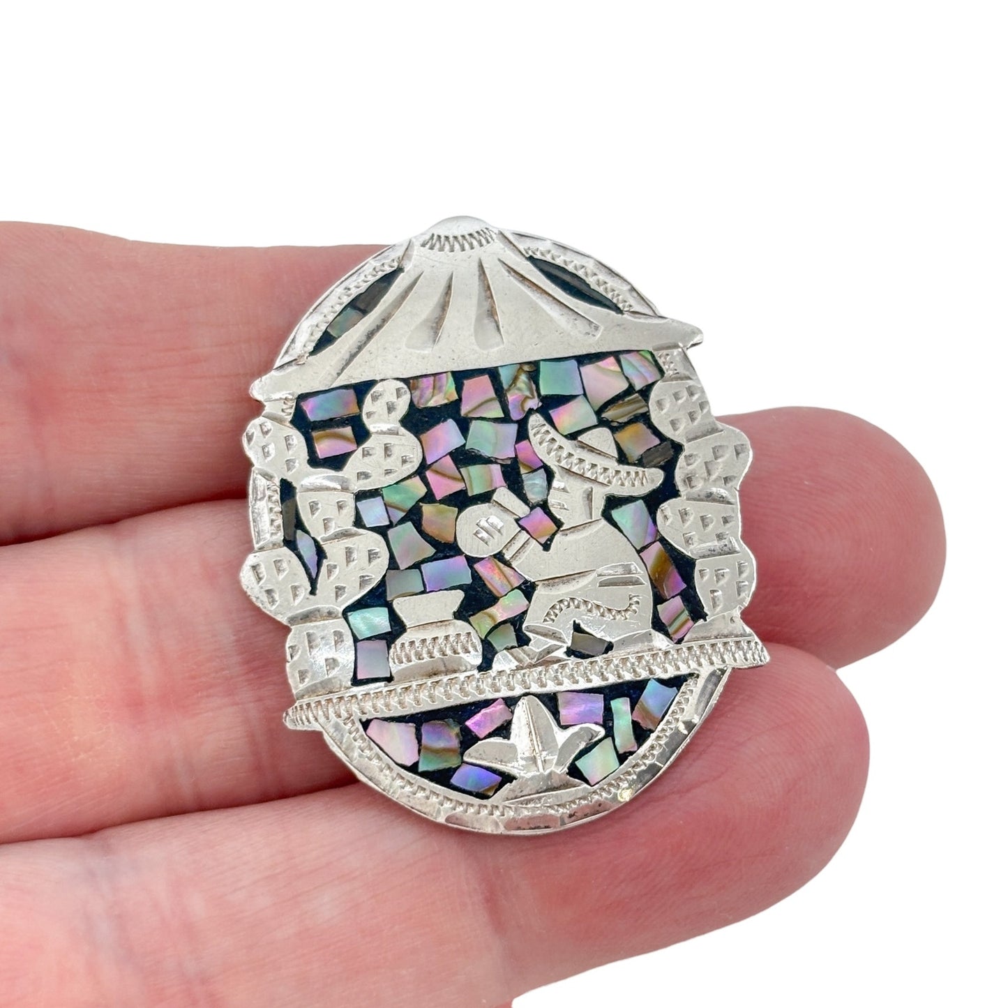 Vintage Sterling Silver 925 Abalone Mosaic Pendant Brooch