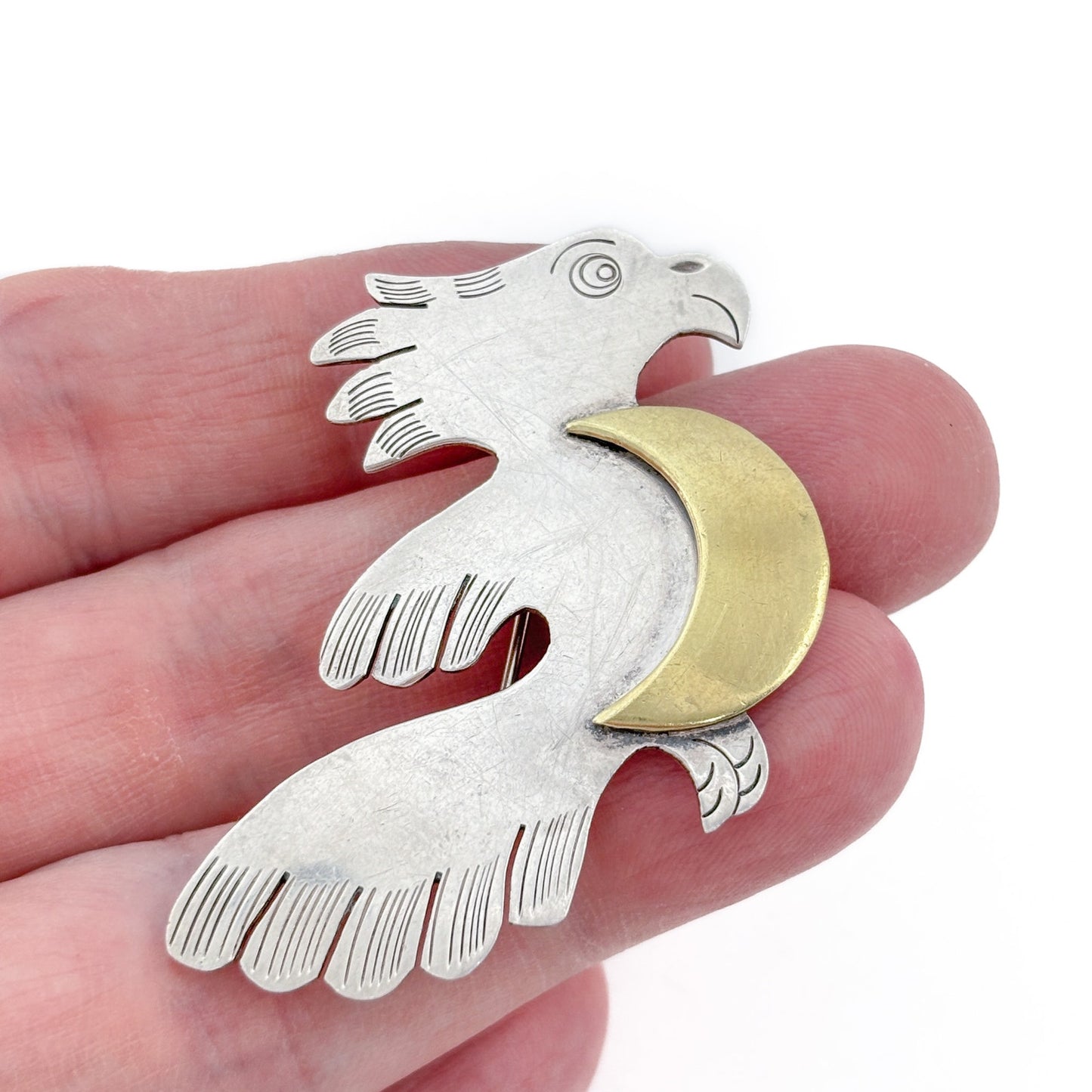 Vintage Sterling Silver 925 Bird Brass Moon Brooch