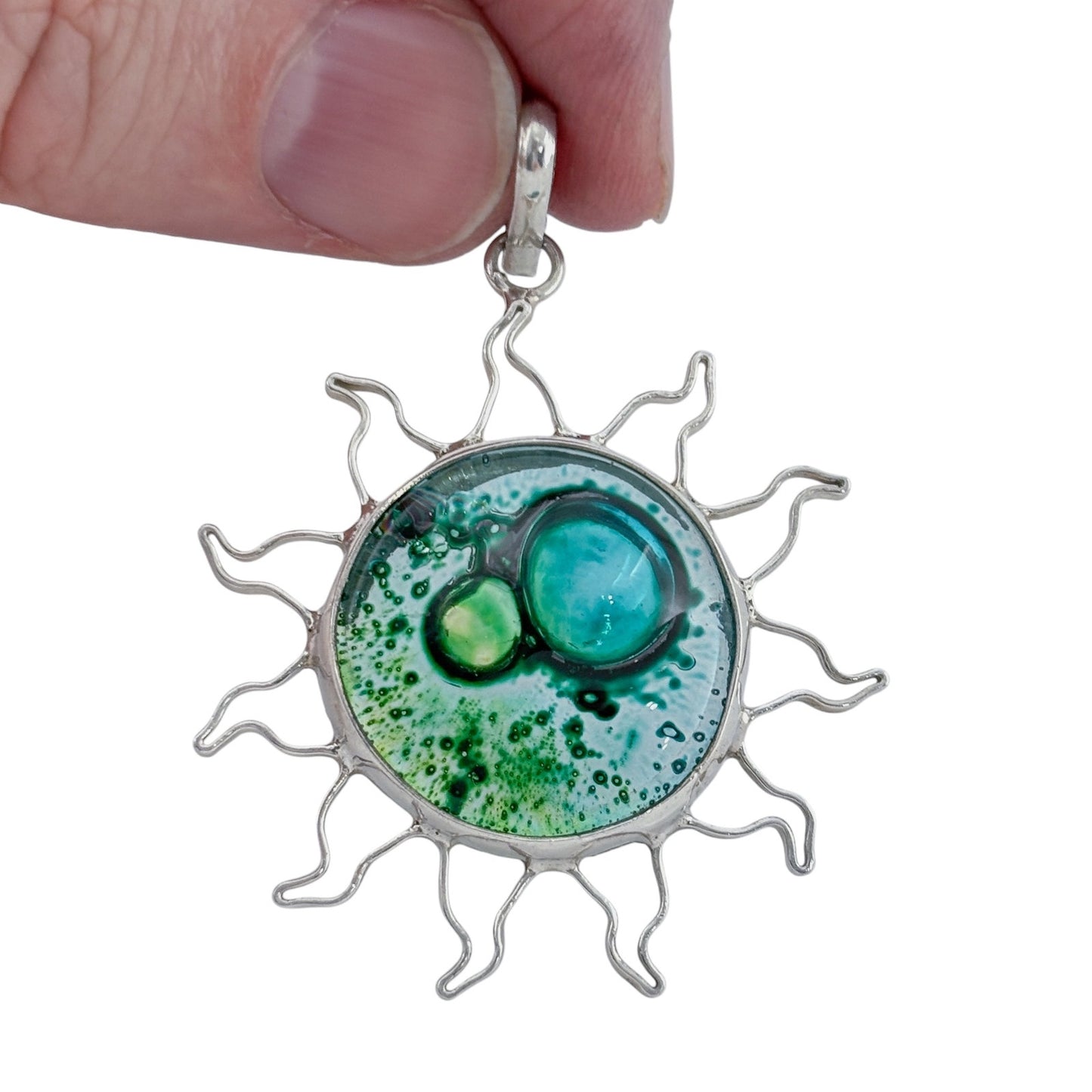 Vintage Sterling Silver 925 Green Glass Sun Pendant