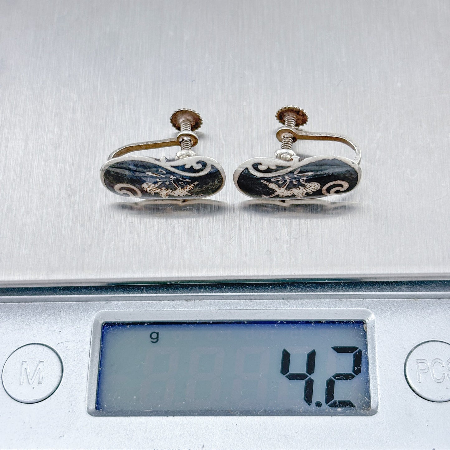 Vintage Siam Sterling Silver 925 Black Niello Dancer Screwback Earrings