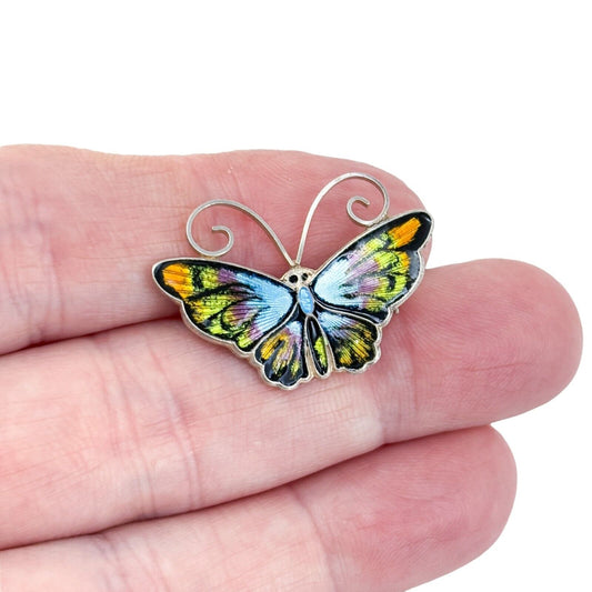 David Andersen Norway Guilloche Blue Enamel Butterfly Brooch Sterling Silver Pin