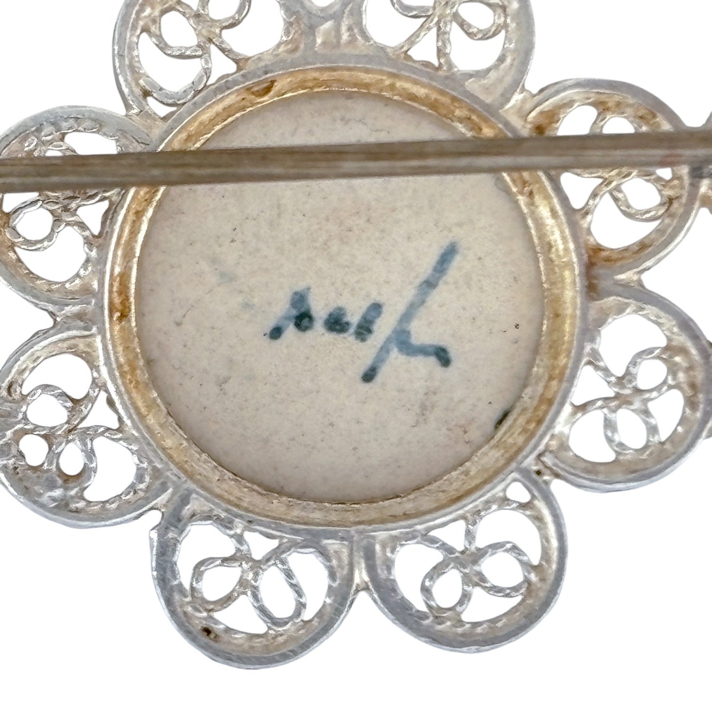 Vintage Sterling Silver 925 Delft 3 Panel Brooch