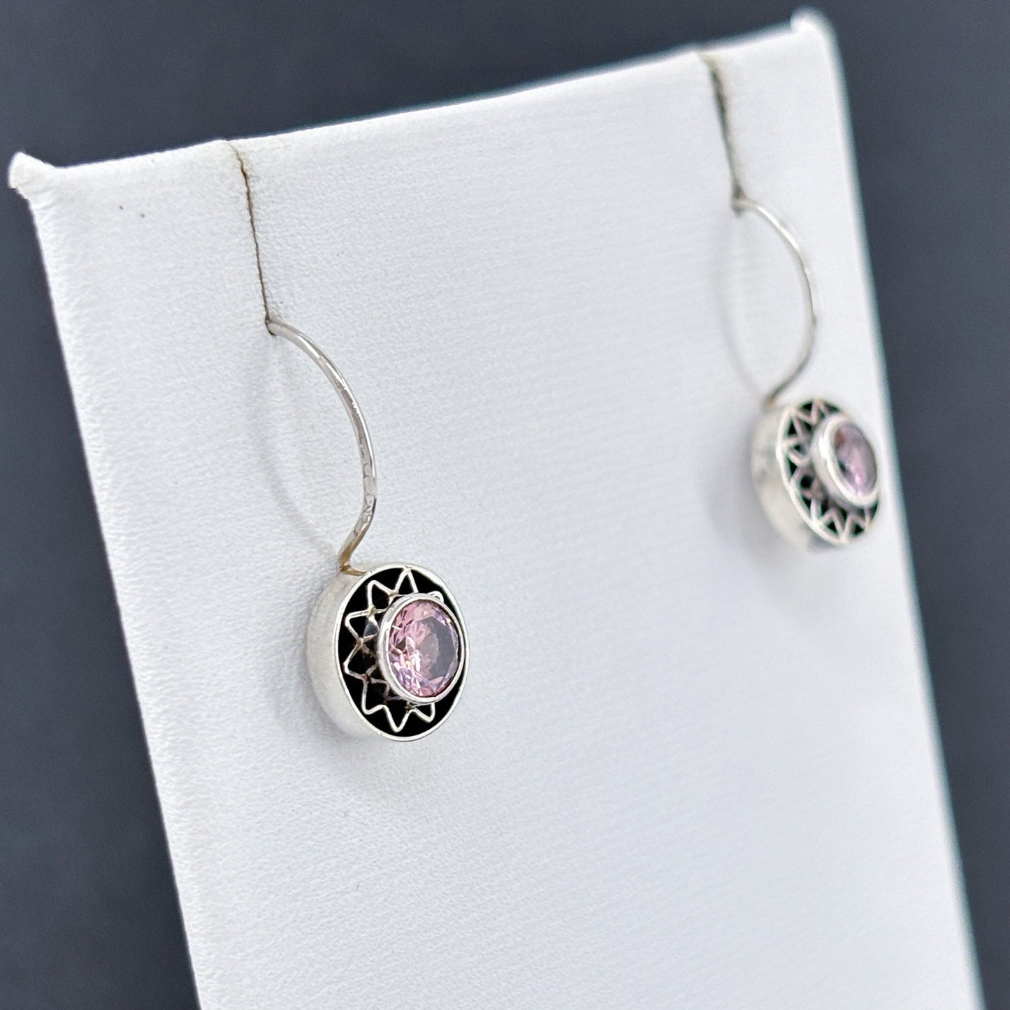 Estate Sterling Silver 925 Pink Cubic Zirconia Geometric Drop Earrings