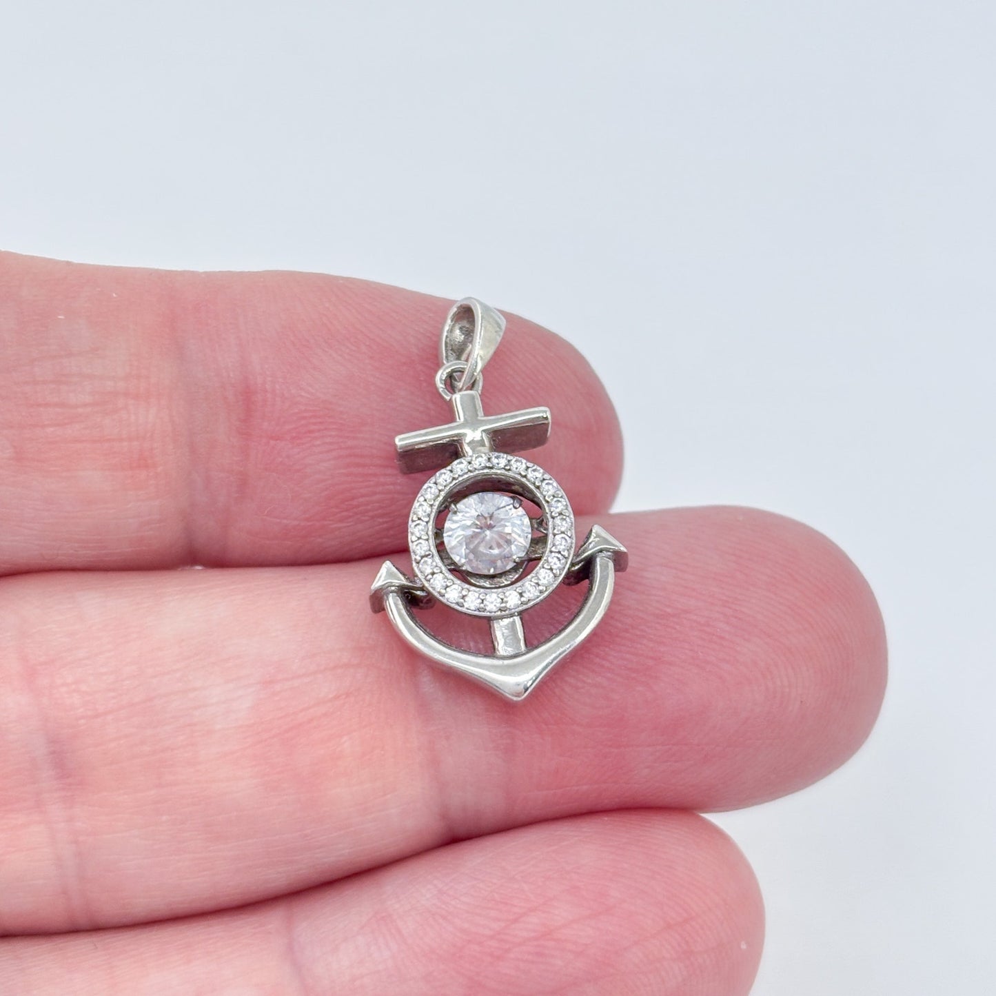 Vintage Sterling Silver 925 Dancing Cubic Zirconia Anchor Pendant