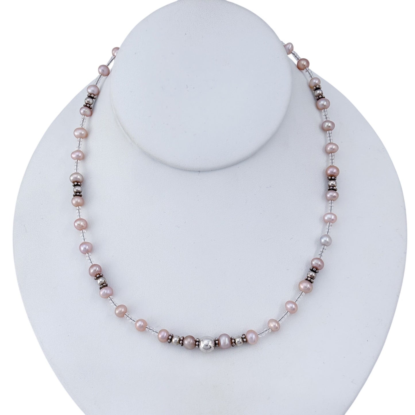 Vintage Sterling Silver 925 Pink Pearl Beaded Necklace 16.5"