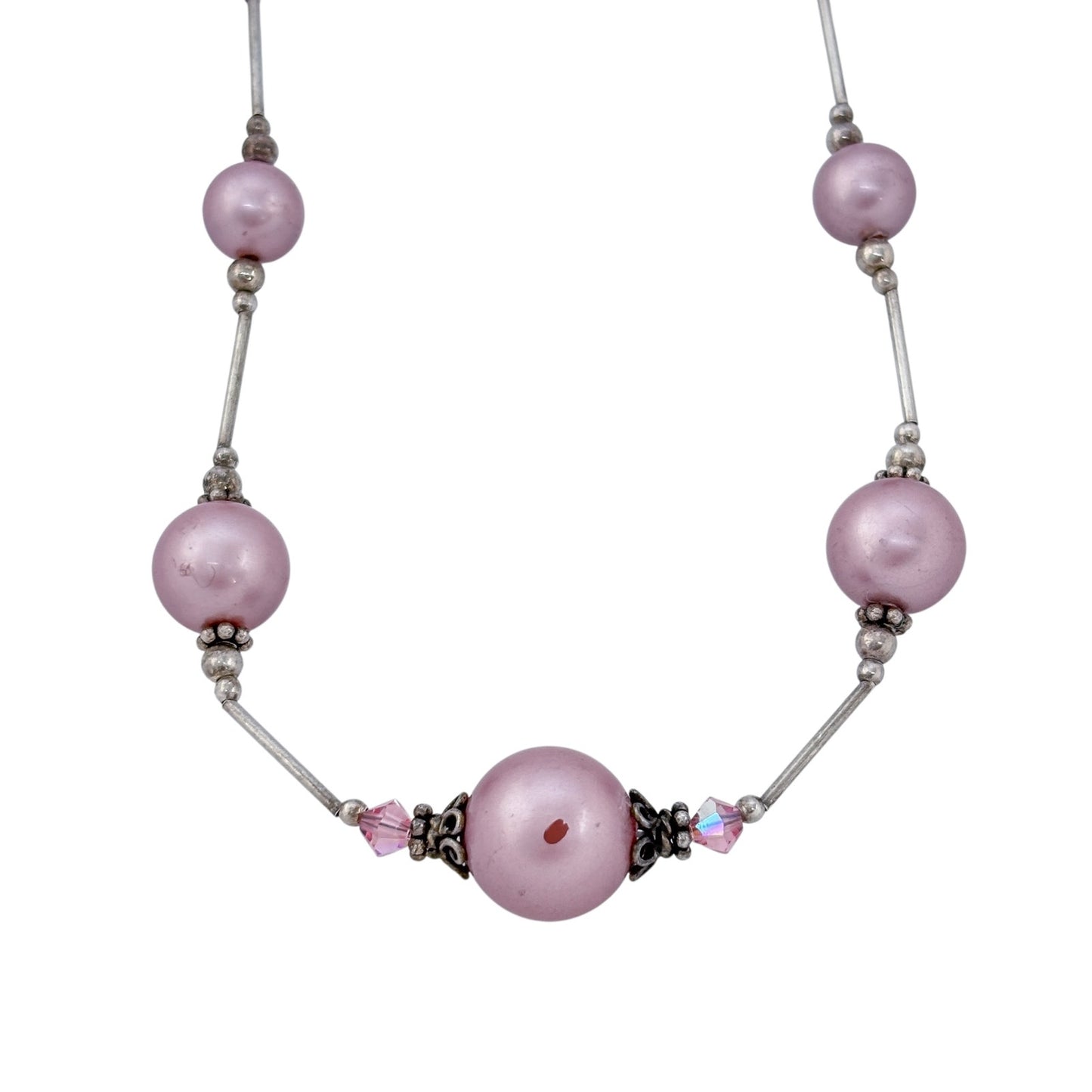 Vintage Sterling Silver 925 Imitation Pink Pearl Crystal Necklace 16"-19"