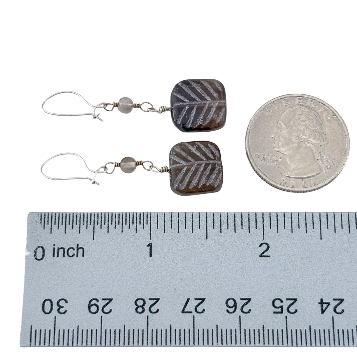 Vintage Sterling Silver 925 Smoky Quartz Etched Leaf Earrings