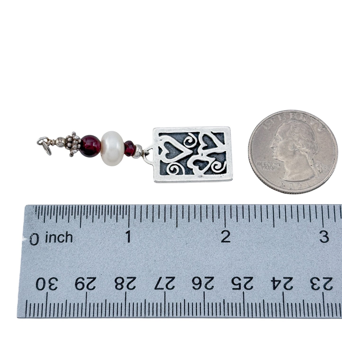 Vintage Sterling Silver 925 Garnet Pearl Hearts Pendant