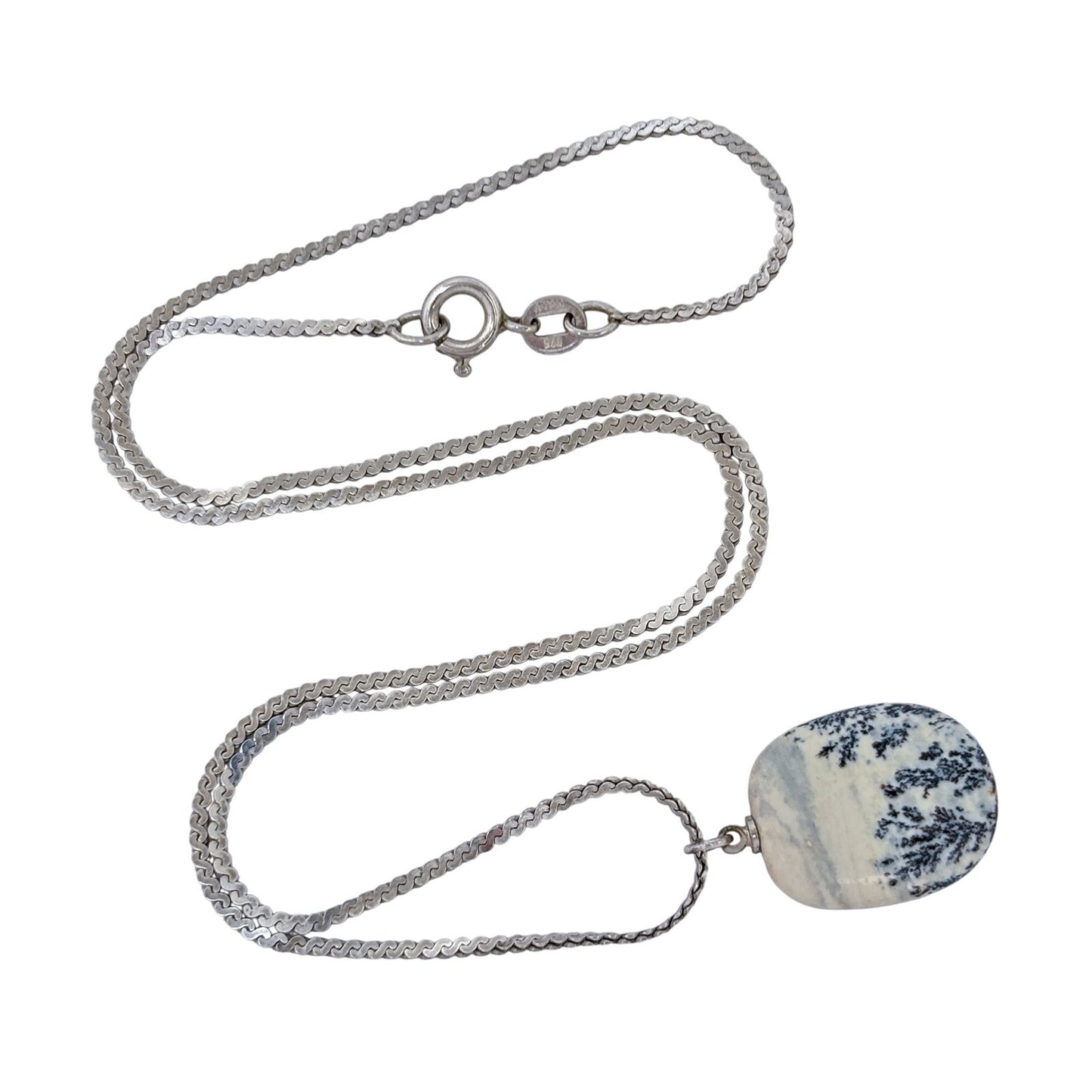 Vintage Sterling Silver 925 Dendritic Agate Pendant 16"