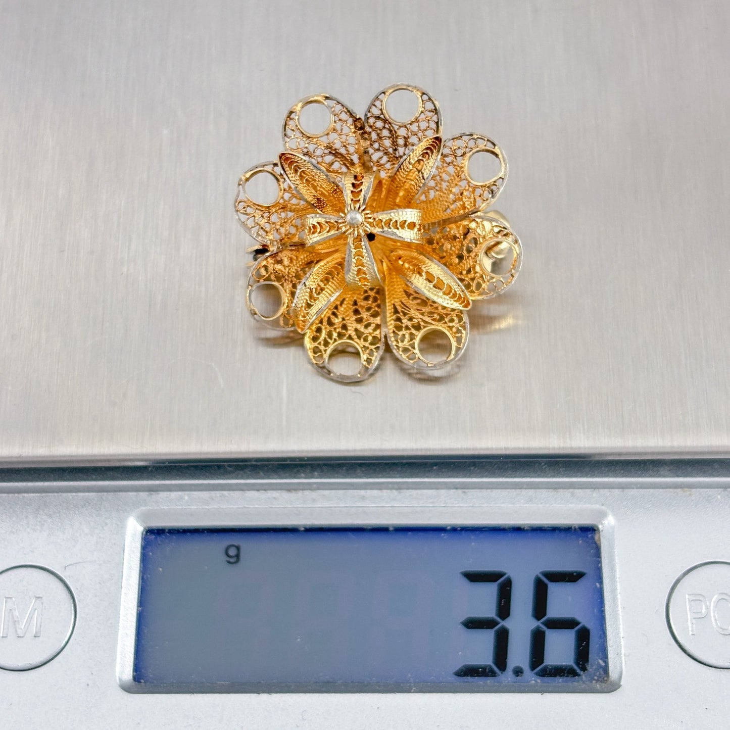 Vintage Gold-Tone Sterling Silver 925 Filigree Flower Brooch