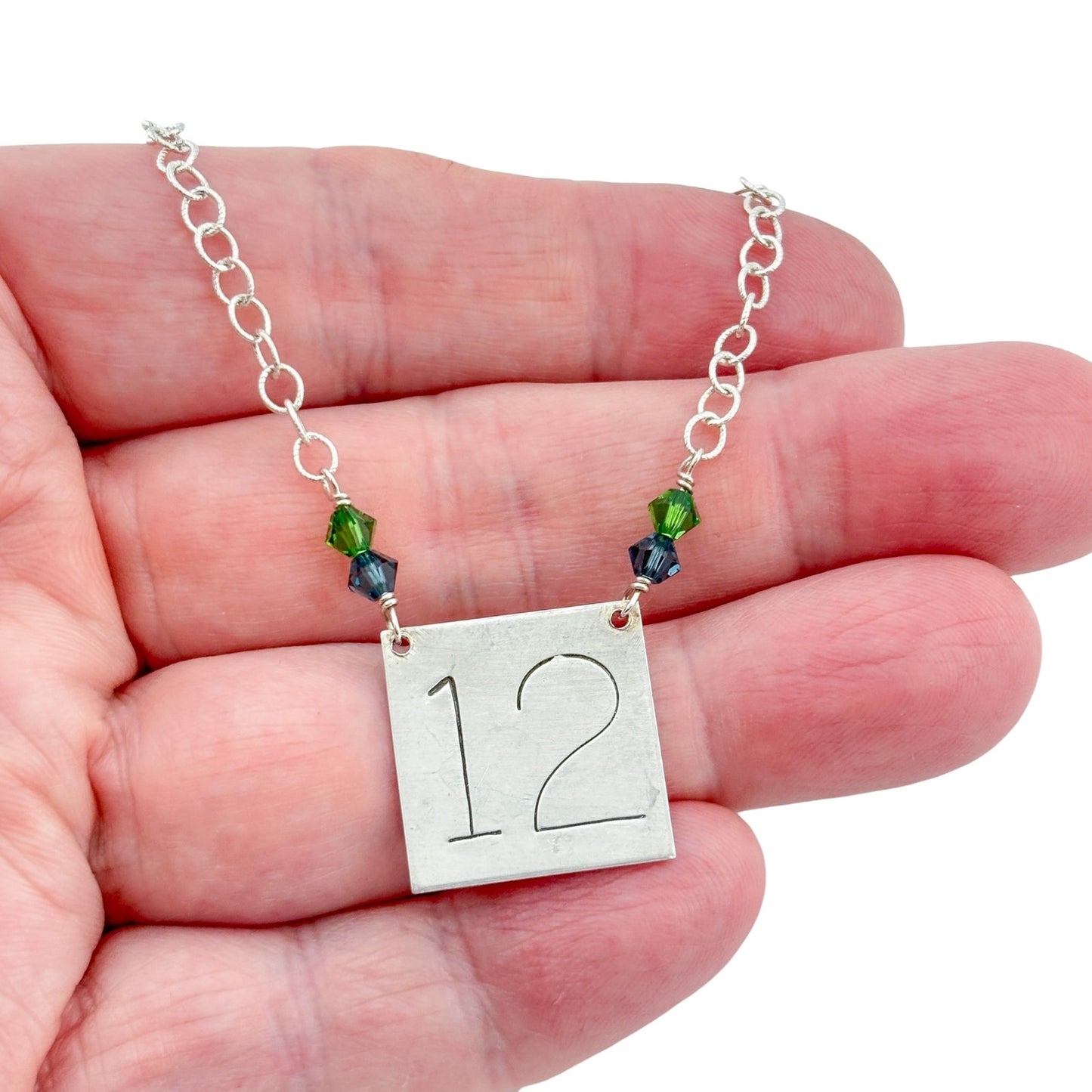 Vintage Sterling Silver 925 Number 12 Blue Green Crystal Necklace 18"