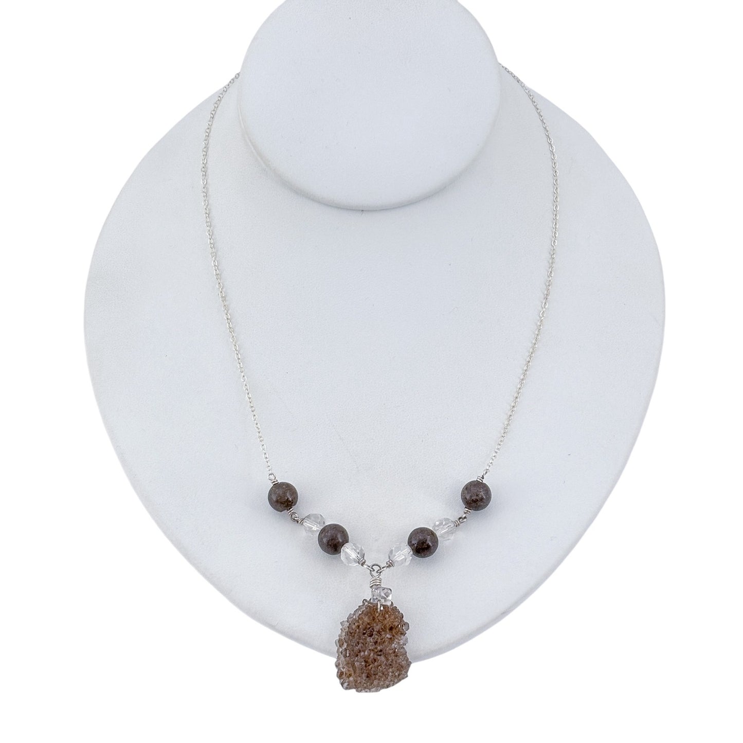Vintage Deb Guyot Sterling Silver 925 Druzy Smoky Quartz Pendant Necklace 30"