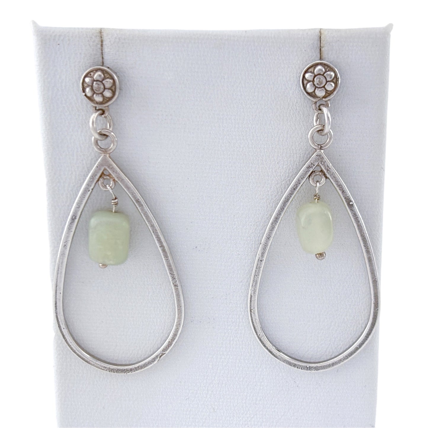 Vintage Sterling Silver 925 Chrysoprase Stone Dangle Open Teardrop Earrings