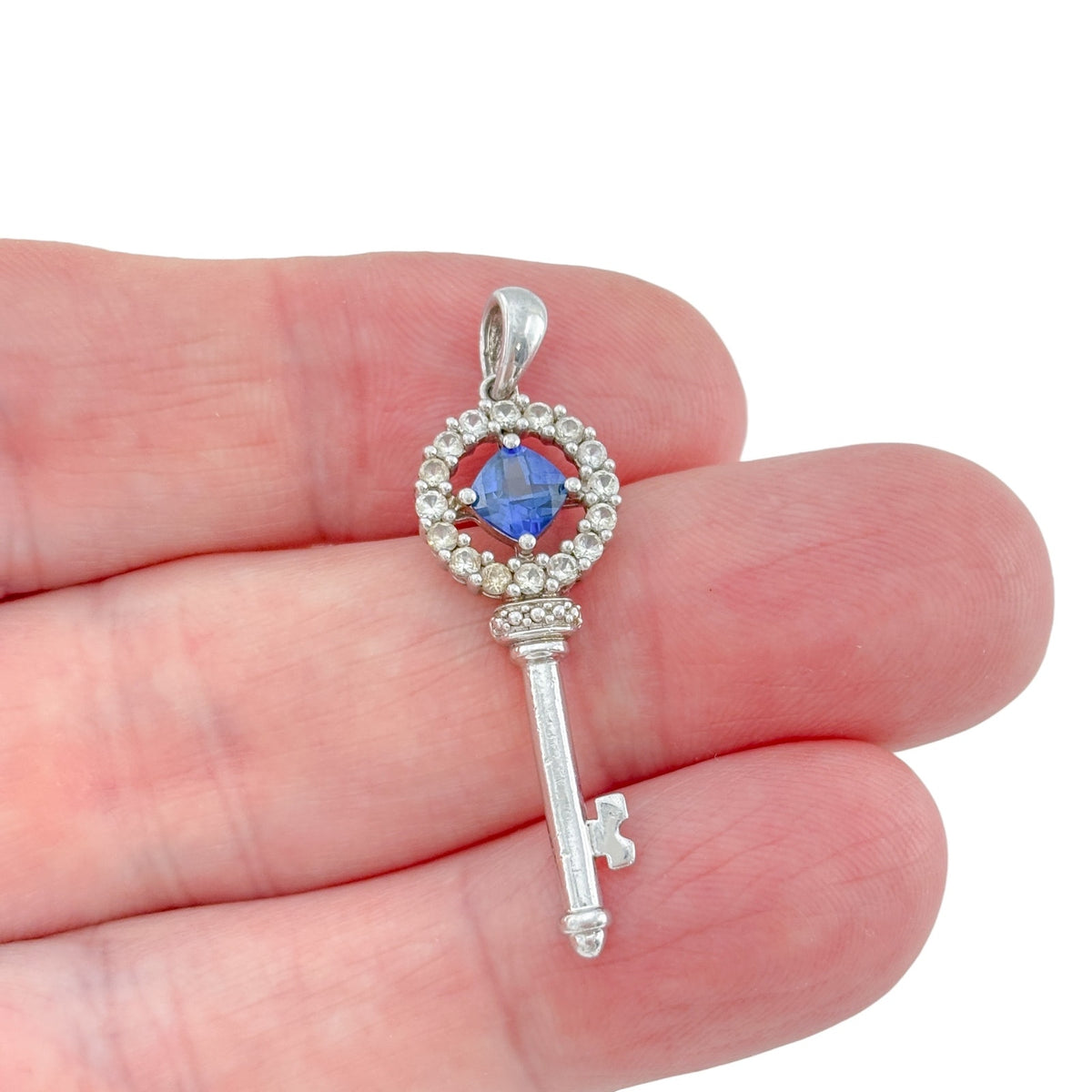 Vintage Sterling Silver 925 Lab Created Blue & White Sapphire Key Pendant