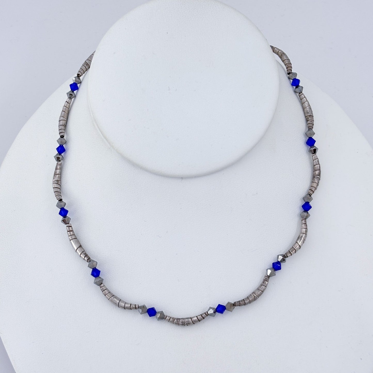 Vintage Sterling Silver 925 Blue Crystal Beaded Necklace 15"