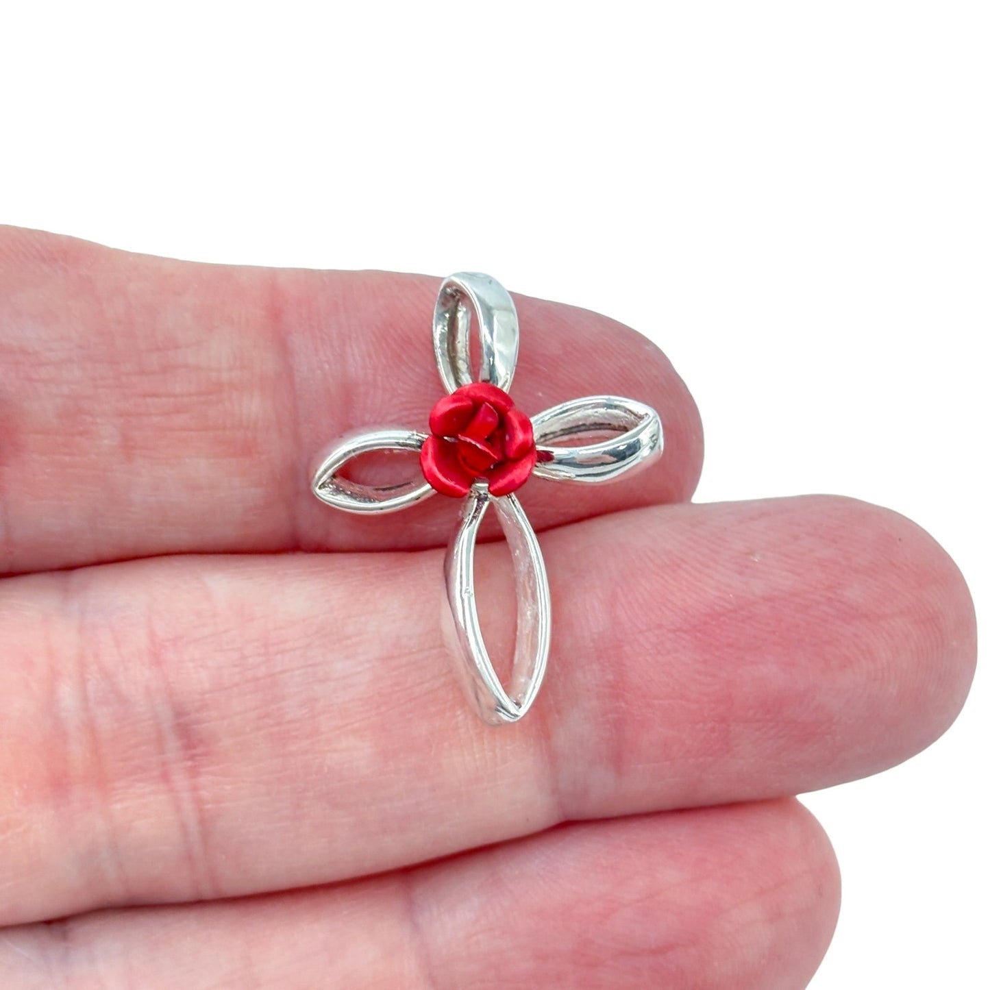 Vintage Sterling Silver 925 Red Rose Cross Pendant