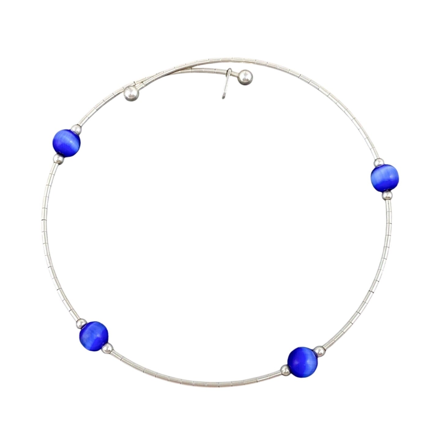 Vintage Sterling Silver 925 Blue Cat’s Eye Memory Wire Bracelet 7.5"