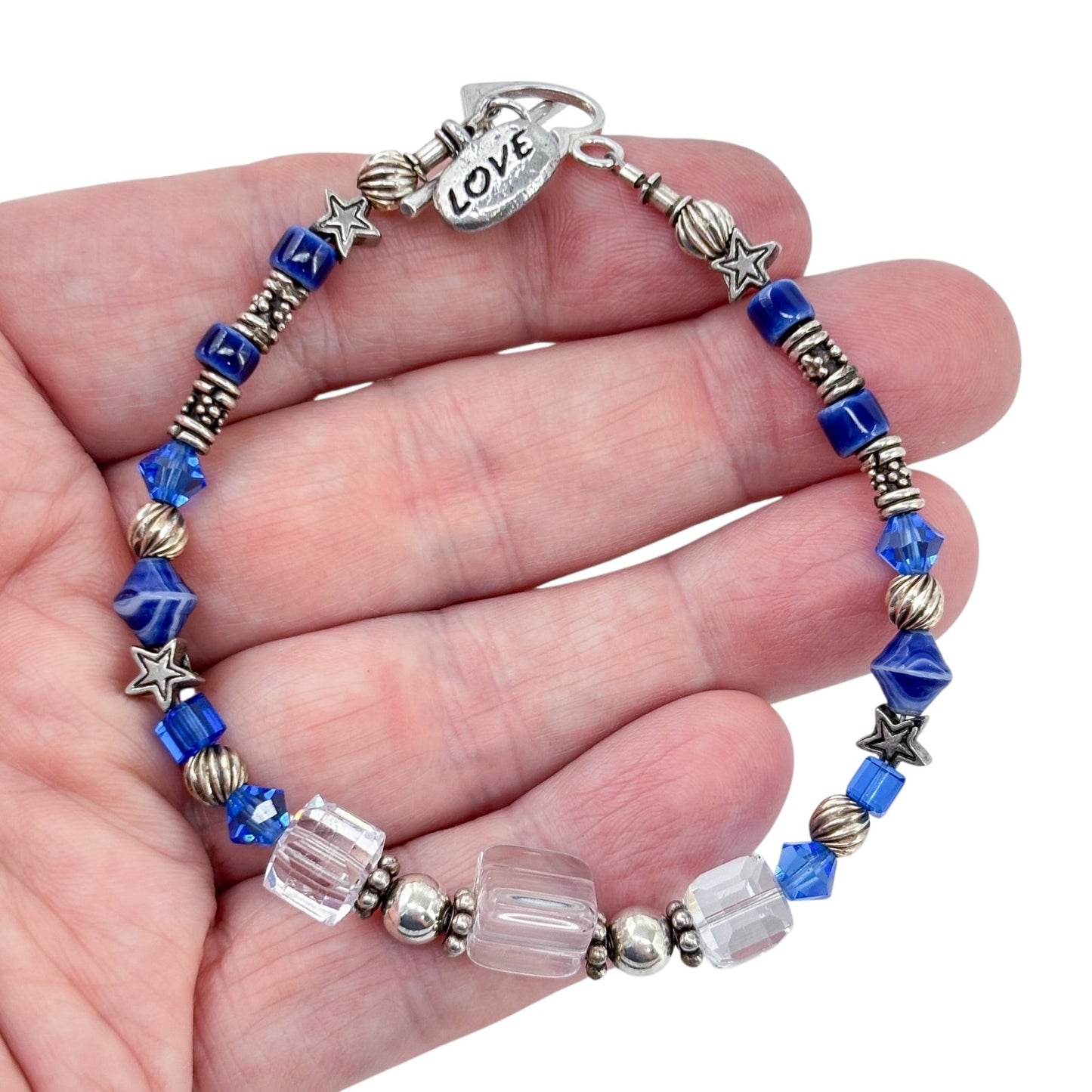 Vintage Sterling Silver 925 Blue Crystal Love Charm Bracelet 8.5"