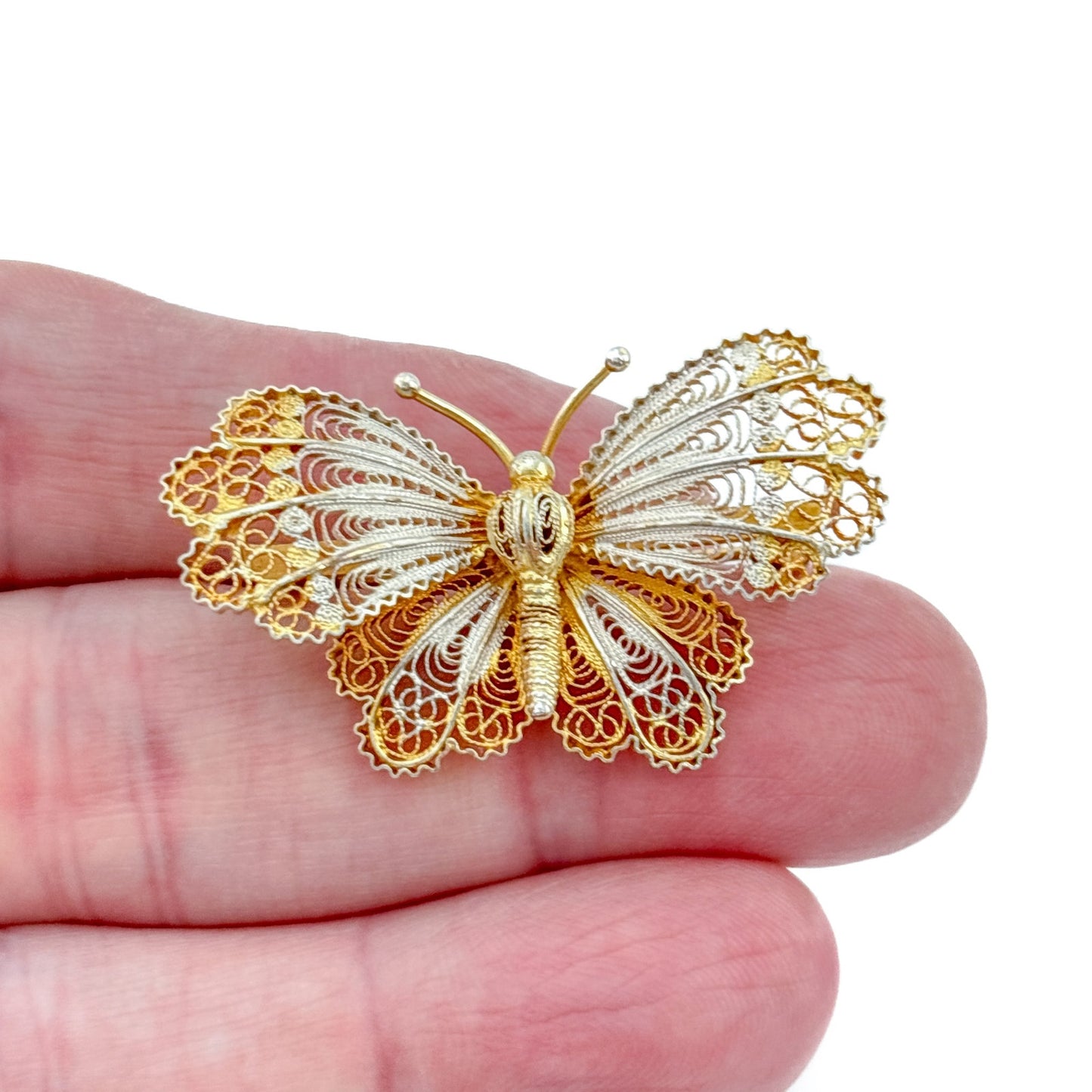 Vintage Sterling Silver 950 Gilt Filigree Butterfly Brooch
