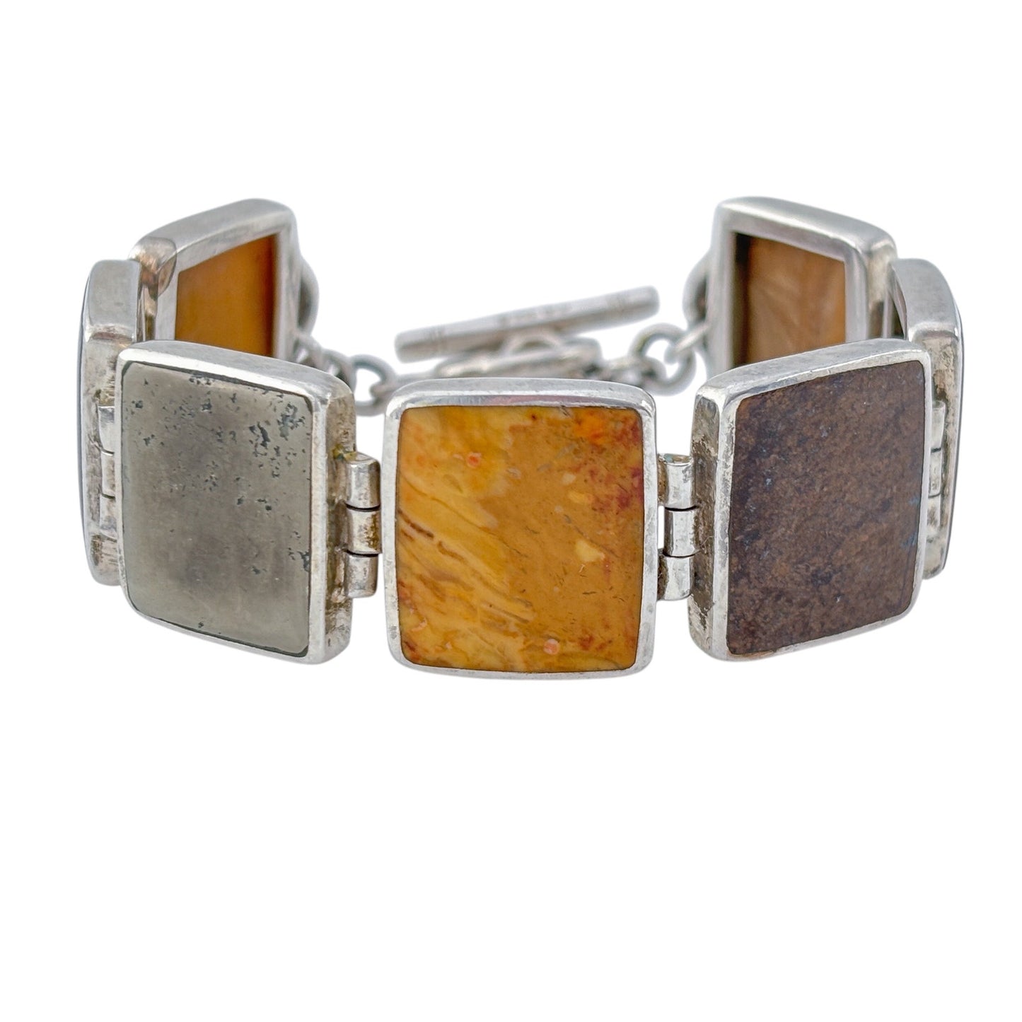 Vintage Sterling Silver 925 Pyrite Bronzite Jasper Link Bracelet 7.25"