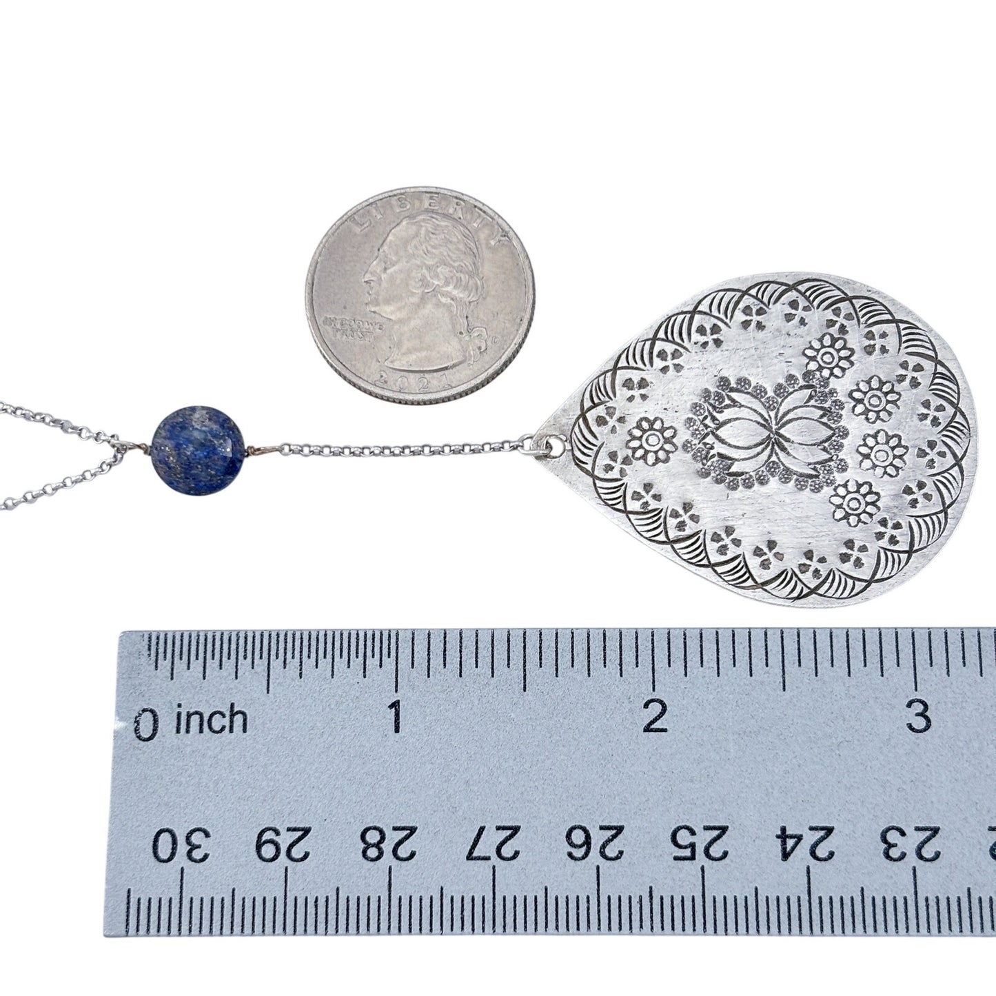 Vintage Sterling Silver 925 Lapis Lazuli Lotus Pendant Necklace 34"