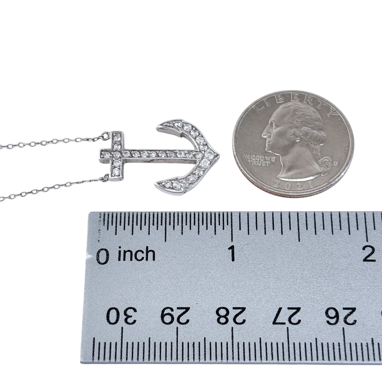 Estate Sterling Silver 925 Anchor Pendant Necklace with Cubic Zirconia 18.5"