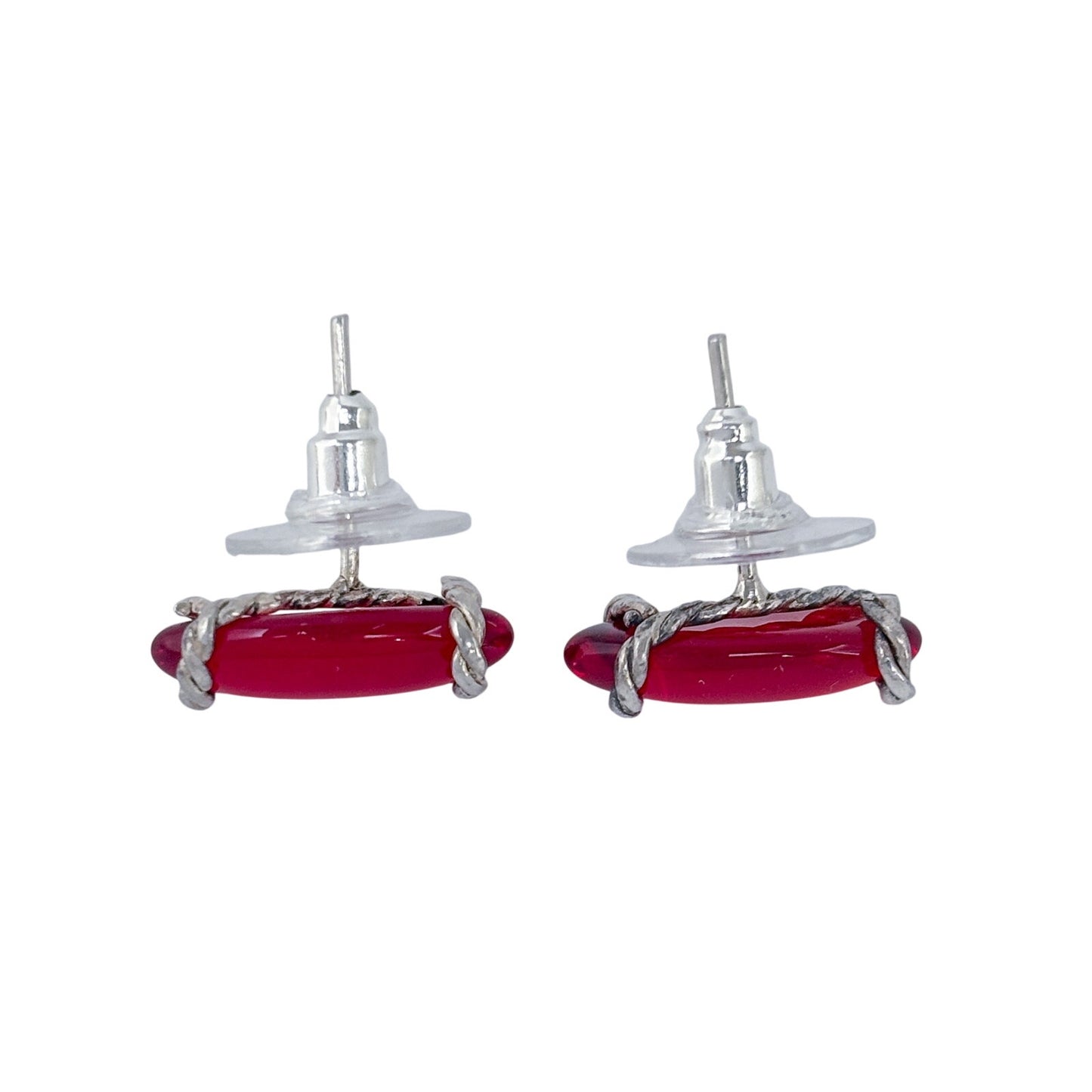 Vintage Sterling Silver 925 Red Resin Marquise Stud Earrings