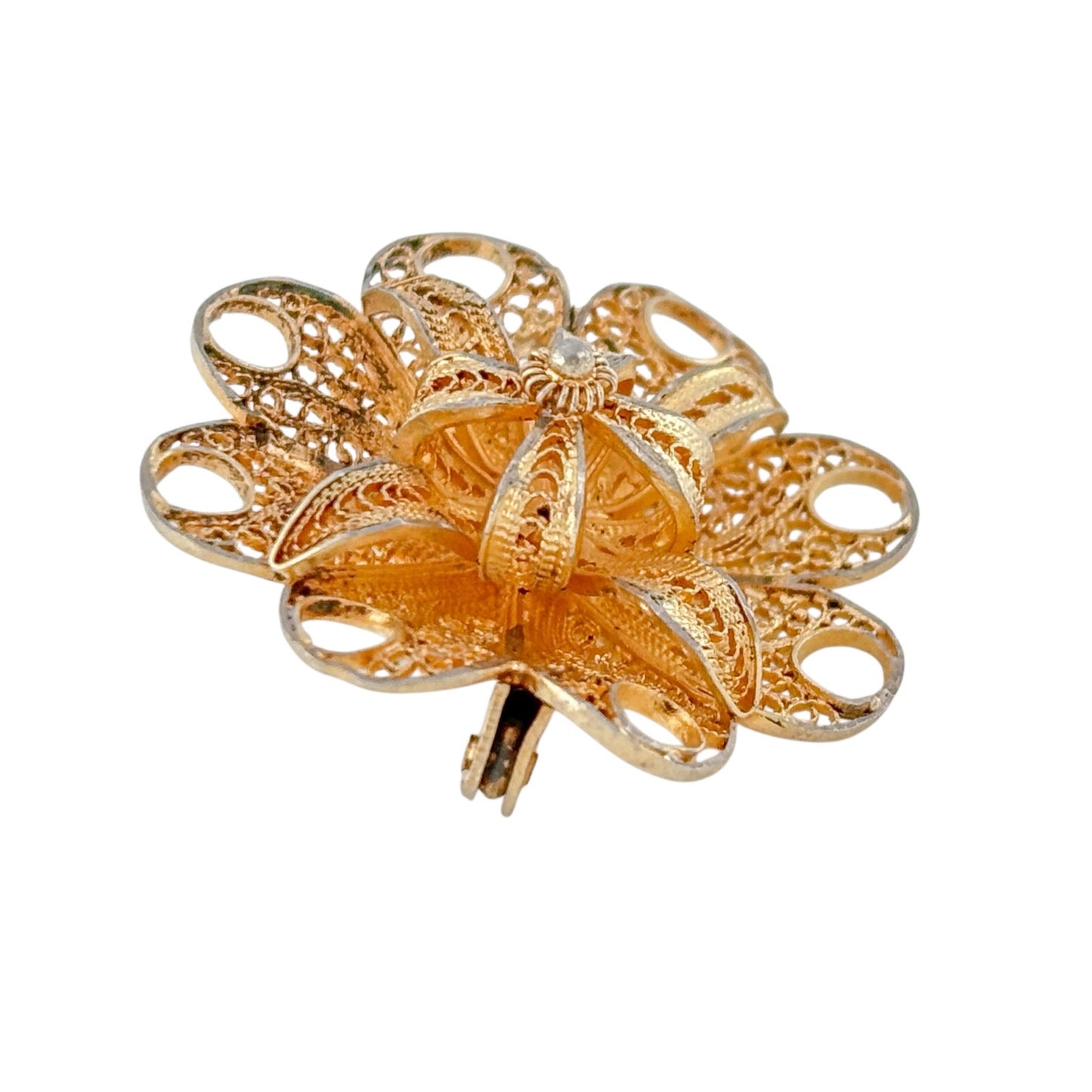 Vintage Gold-Tone Sterling Silver 925 Filigree Flower Brooch