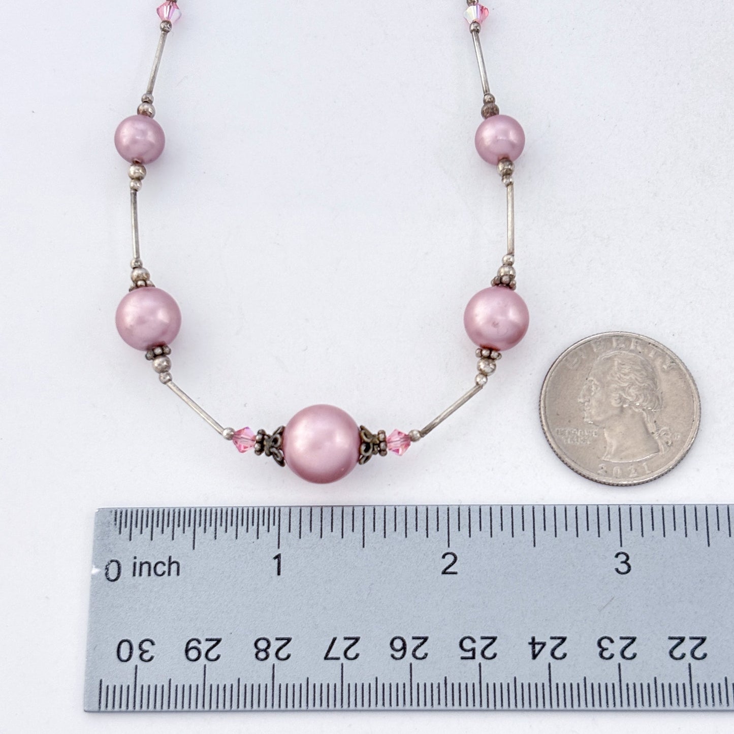 Vintage Sterling Silver 925 Imitation Pink Pearl Crystal Necklace 16"-19"