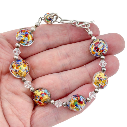 Vintage Sterling Silver 925 Murano Glass Bead Bracelet 7.5-8.5"