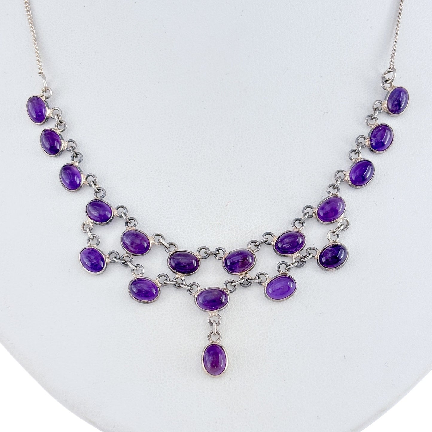 Vintage Sterling Silver 925 Amethyst Layered Bib Necklace Pendant 17"