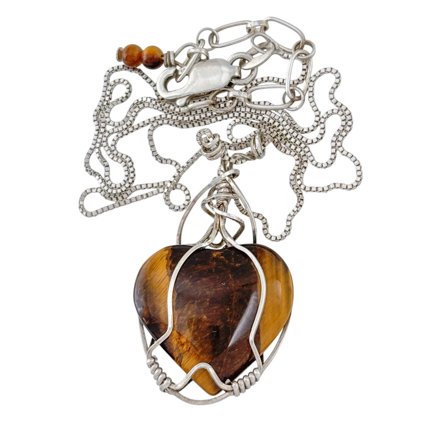 Vintage Sterling Silver 925 Tigers Eye Heart Pendant Necklace 18-20"