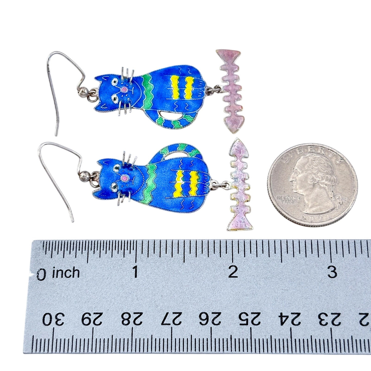 Vintage Sterling Silver 925 Blue Enamel Cat & Fish Dangle Earrings