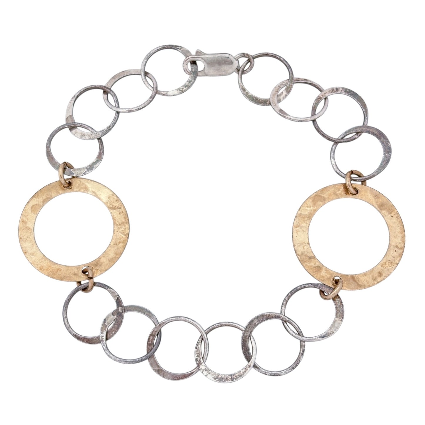 Vintage Sterling Silver 925 Gold Tone Hammered Circle Link Bracelet 7.25"