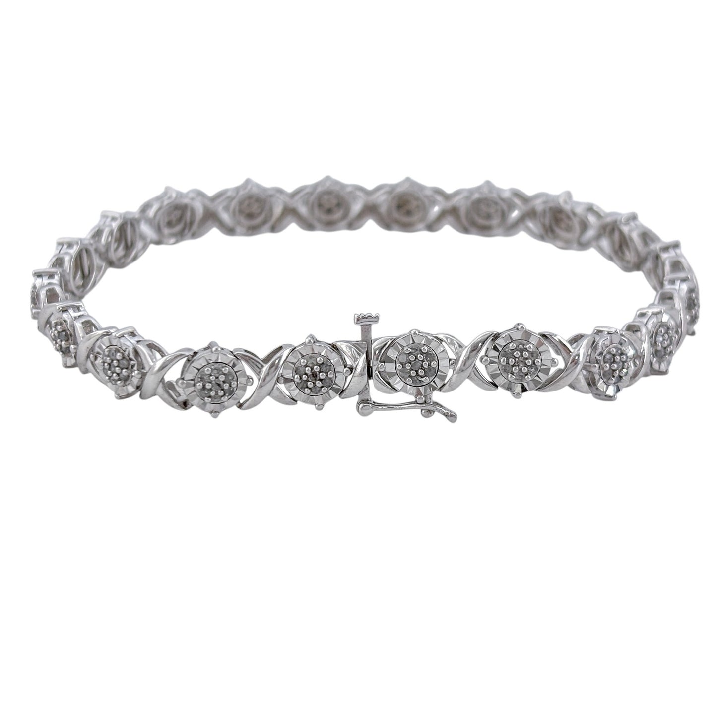 Vintage Sterling Silver 925 Diamond 0.73ctw Flower Link Bracelet 7.5"